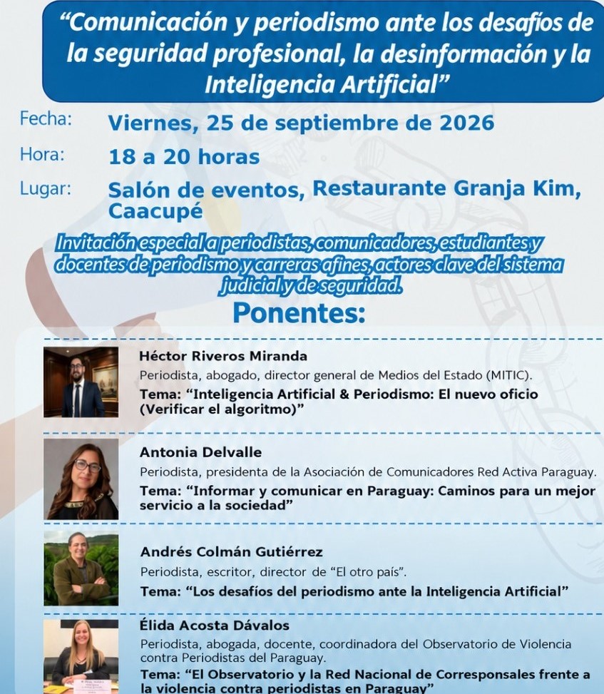 Taller sobre seguridad de periodistas e IA se hará en Caacupé